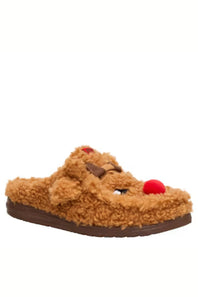 A single plush brown slipper with a teddy bear face design, featuring a red nose, black eyes, and a small brown bow on the strap, shown against a plain white background.