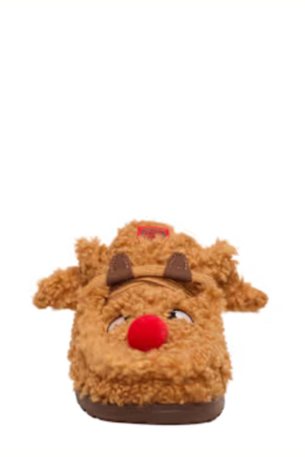A single brown plush reindeer slippers with a red nose and brown antlers, shown against a plain white background.