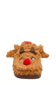 A single brown plush reindeer slippers with a red nose and brown antlers, shown against a plain white background.