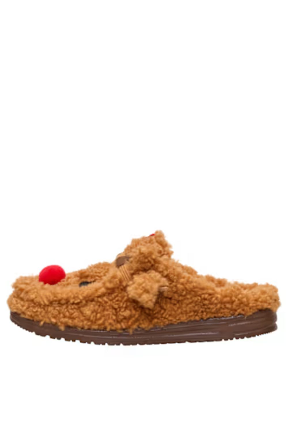A single brown plush slipper designed to look like a reindeer, featuring a red nose and embroidered facial details on the side, shown against a plain white background.