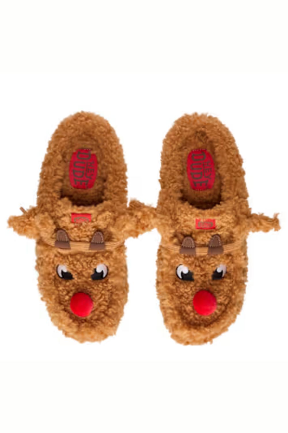 A pair of brown plush slippers designed to look like reindeer, featuring embroidered red noses, black and white eyes, brown antlers,, set against a plain white background.