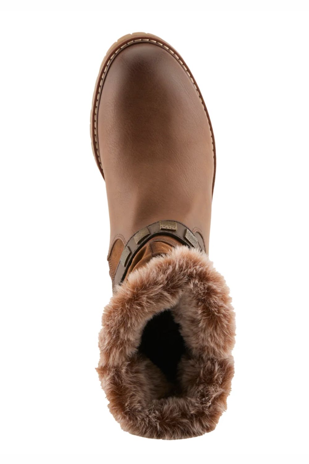 A brown leather ankle boot with a fluffy brown faux-fur trim around the opening, shown from a top-down view on a white background.