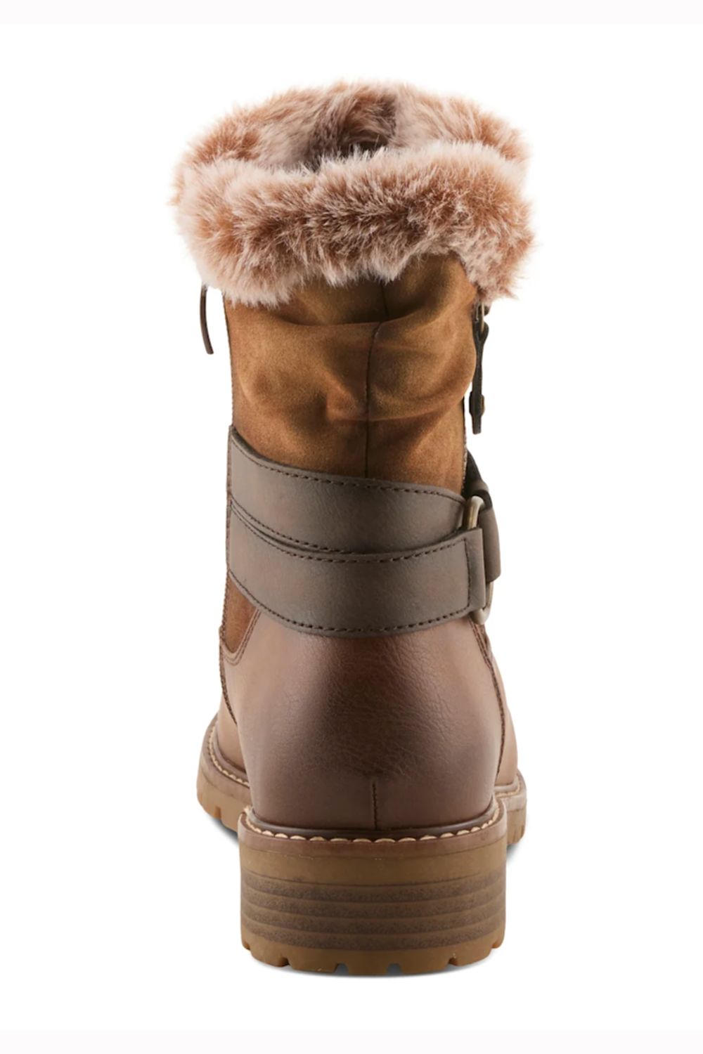 A brown ankle boot with a faux fur trim at the top and a wide brown strap across the side, shown from the back on a white background.