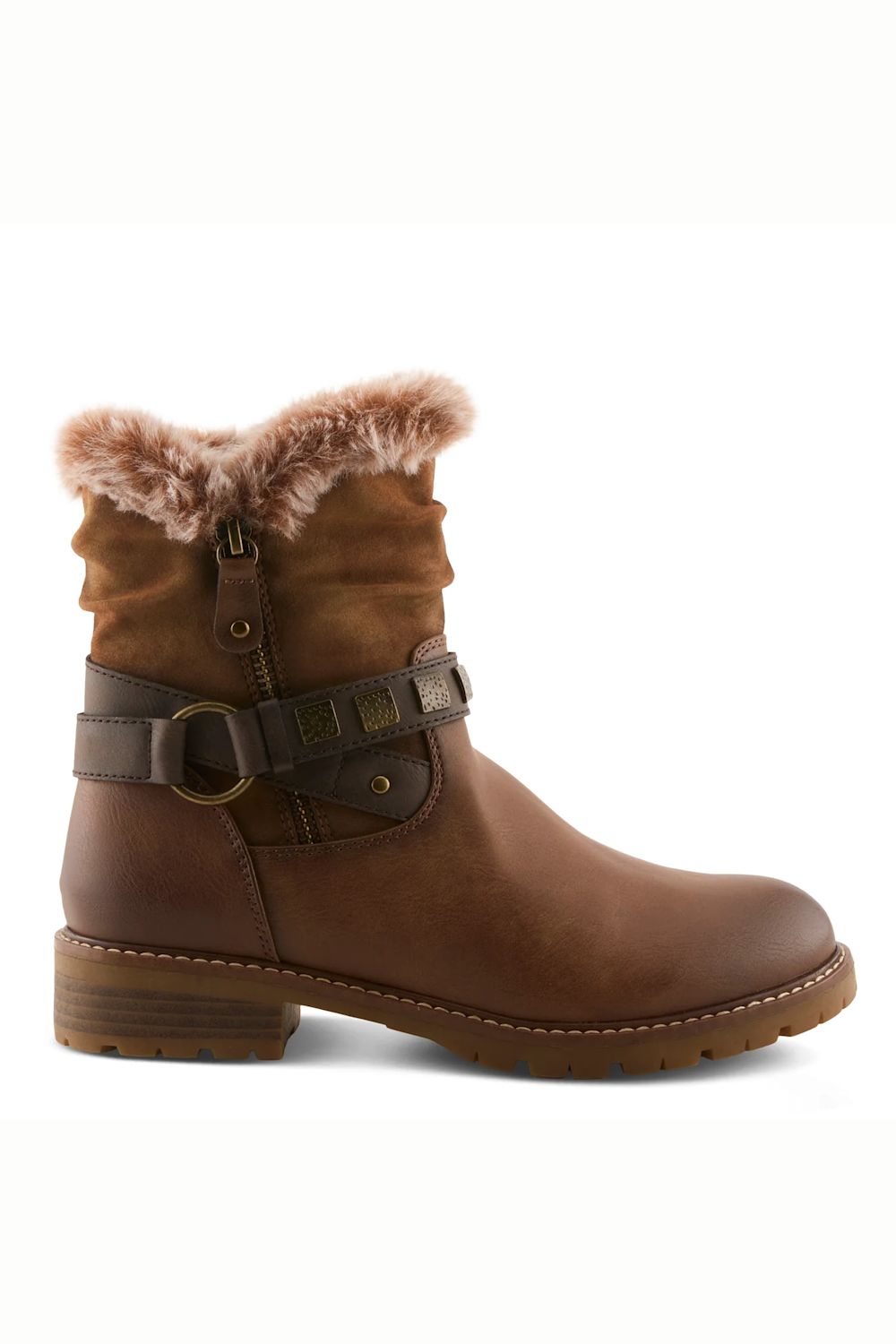 A brown ankle boot with a faux-fur trim at the top, a brown leather strap with a buckle detail around the ankle, and a low block heel, shown against a plain white background.