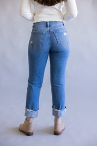 Vervet Daphne High-Rise Cuffed Straight Jeans for Women in Medium Wash