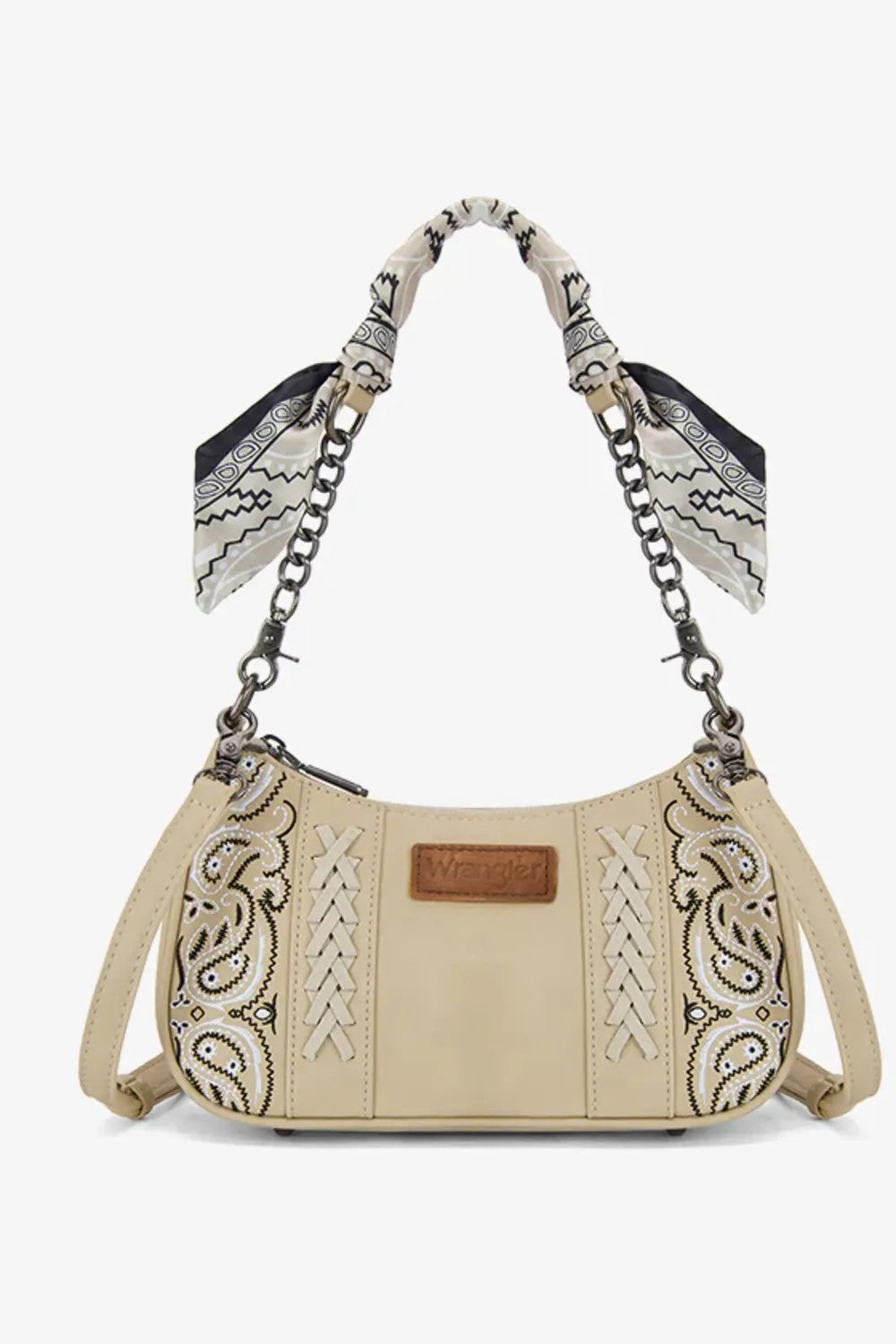 Wrangler Bandana Shoulder Purse for Women in Tan; Beige handbag with intricate patterns on a beige background