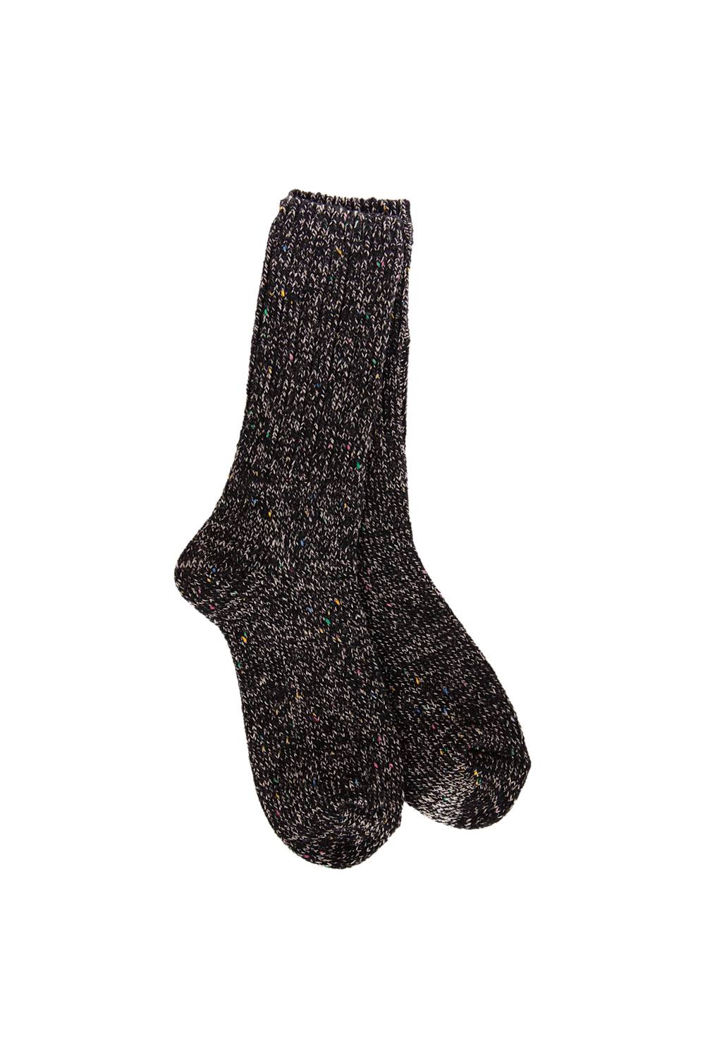 A pair of dark charcoal gray knit socks with a subtle multicolor flecked texture, shown against a plain white background.