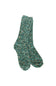 A pair of marled teal and green knit socks with subtle orange flecks, shown against a plain white background.