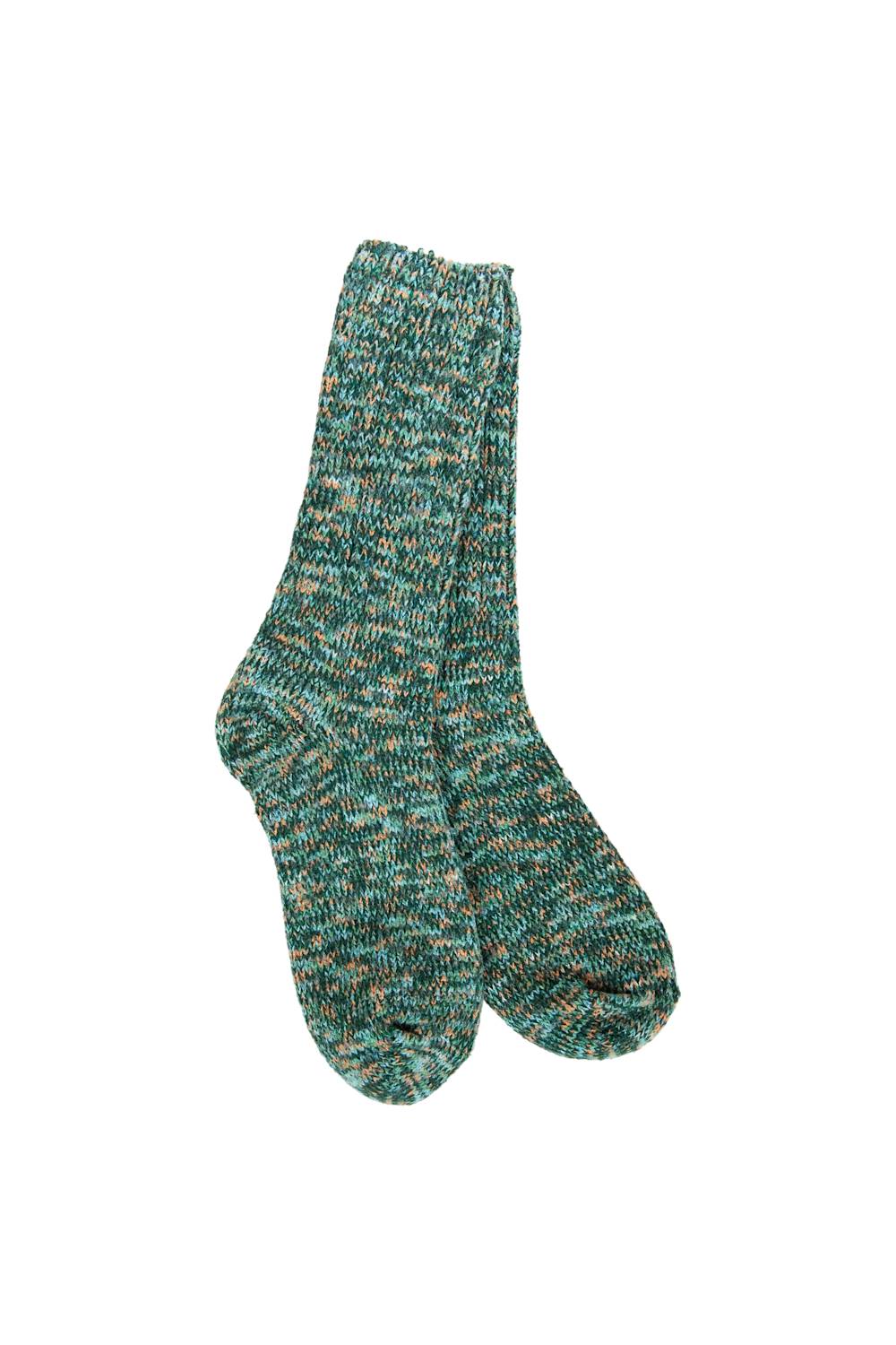 A pair of marled teal and green knit socks with subtle orange flecks, shown against a plain white background.