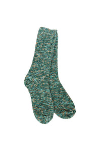 A pair of marled teal and green knit socks with subtle orange flecks, shown against a plain white background.
