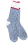 A pair of crew socks with a blue and white heathered knit body, a solid white ribbed cuff, and a thin red stripe above the cuff, set against a plain white background.