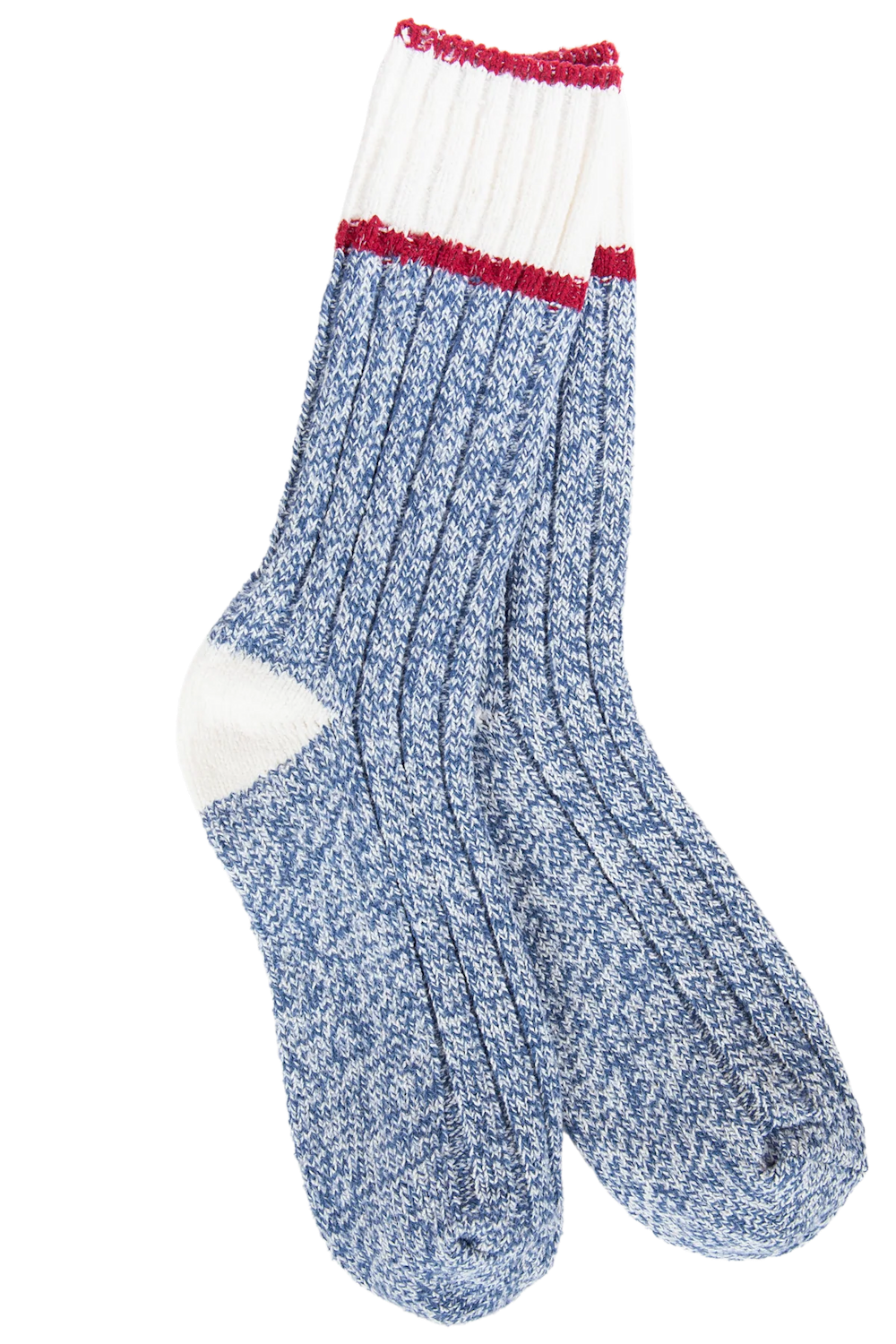 A pair of crew socks with a blue and white heathered knit body, a solid white ribbed cuff, and a thin red stripe above the cuff, set against a plain white background.