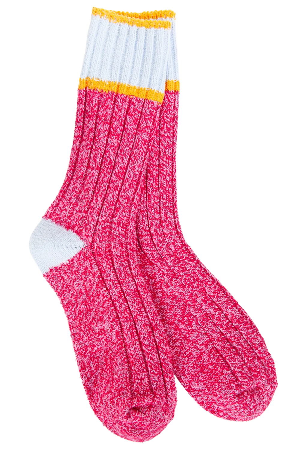A pair of crew socks with a bright pink and white heathered body, a white ribbed cuff with a thin yellow stripe, and a white heel, shown on a plain white background.