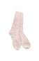 A pair of ribbed crew socks with a multicolor marled pattern of pink, blue, yellow, and white, shown against a plain white background.