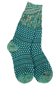 A pair of teal and green patterned crew socks with a knit design, featuring a floral star motif and textured sections, shown against a plain white background.