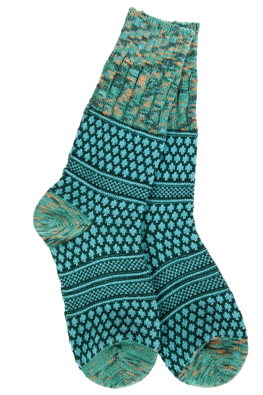 A pair of teal and green patterned crew socks with a knit design, featuring a floral star motif and textured sections, shown against a plain white background.