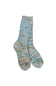 A pair of knitted crew socks featuring a marled, heathered pattern of blue, green, pink, and beige, shown against a plain white background.