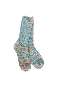 A pair of knitted crew socks featuring a marled, heathered pattern of blue, green, pink, and beige, shown against a plain white background.