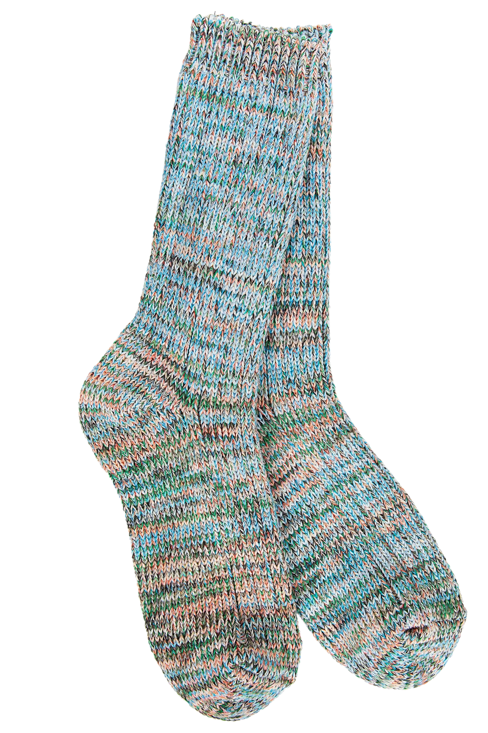 A pair of hand-knit socks featuring a marled, heathered pattern of blue, green, pink, and beige yarn, displayed against a solid white background.