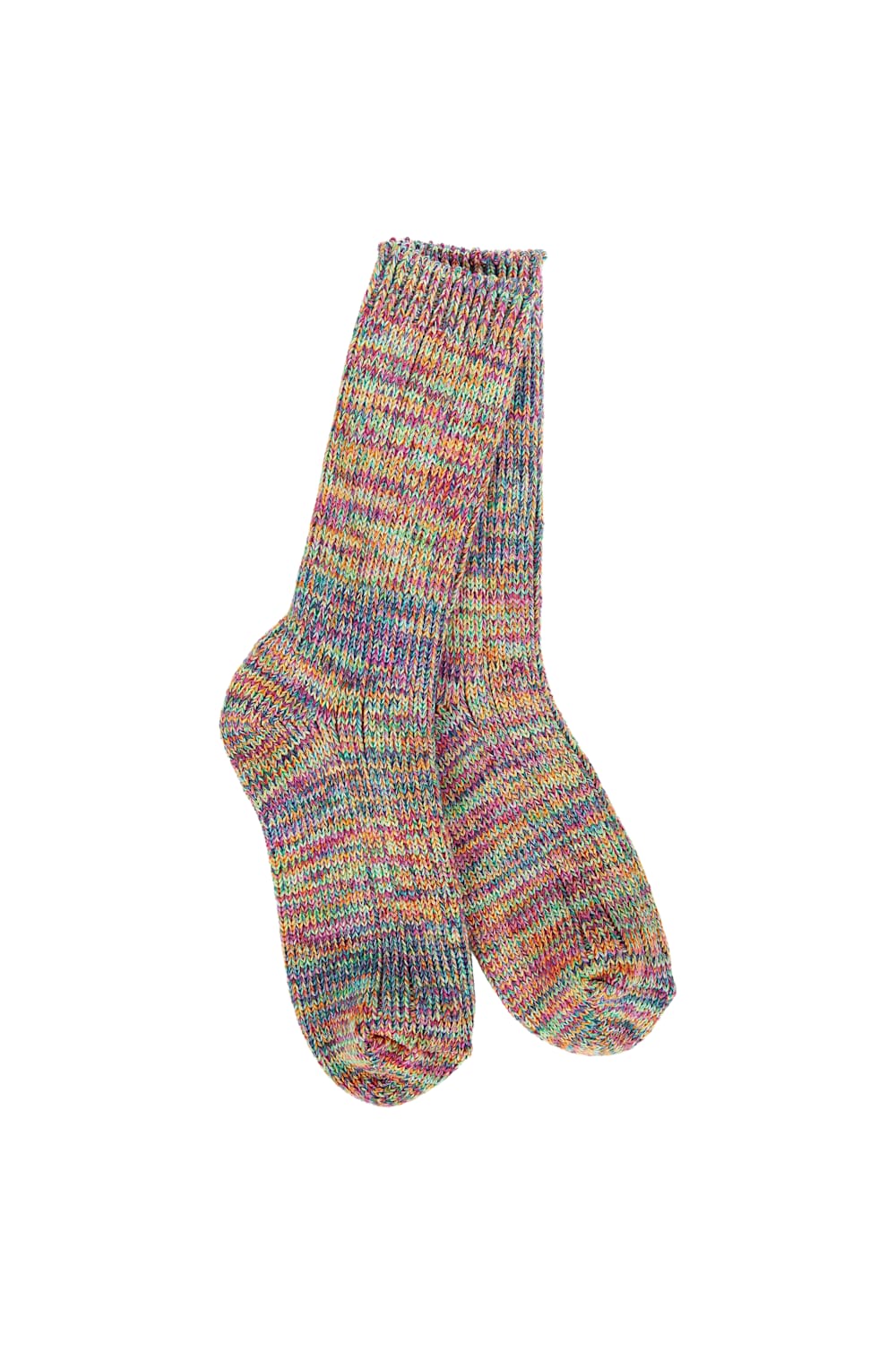 A pair of hand-knit crew socks featuring a vibrant, multicolored variegated pattern of pink, blue, yellow, green, and purple yarn, displayed against a solid white background.