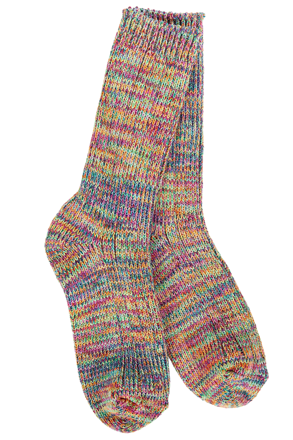 A pair of hand-knit crew socks featuring a vibrant, multicolored variegated pattern of pink, blue, yellow, green, and purple yarn, displayed against a solid white background.