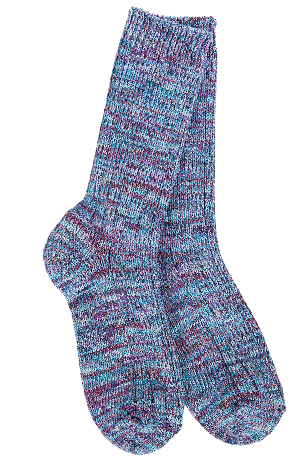 A pair of hand-knit crew socks in a heathered marled pattern of blue, purple, and pink yarn, shown against a plain white background.