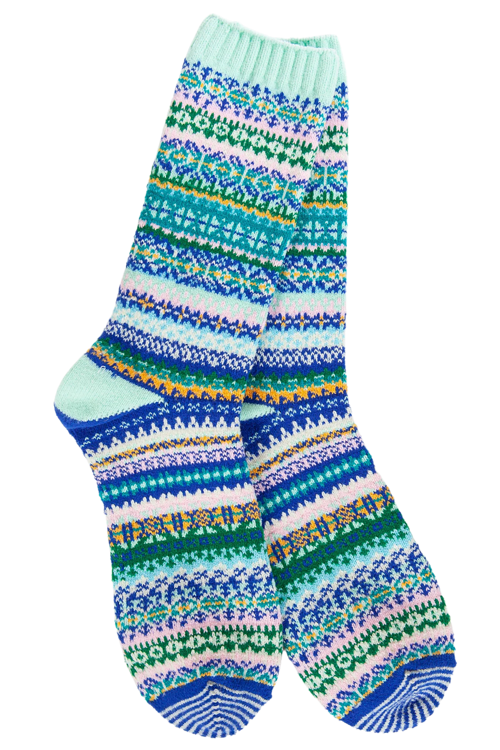 A pair of crew socks with a colorful Fair Isle pattern featuring stripes of blue, green, pink, yellow, and white on a white background.