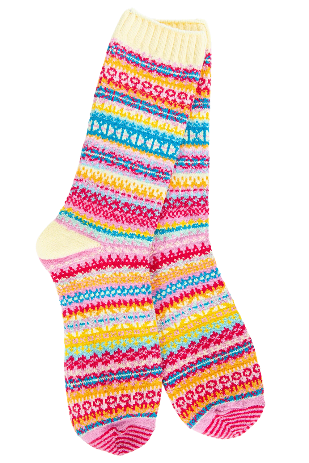 A pair of long knit socks with a vibrant multicolor Fair Isle pattern featuring pink, yellow, blue, and white stripes, displayed against a solid white background.