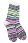 A pair of crew socks with a colorful, multi-colored Fair Isle knit pattern featuring stripes of purple, pink, green, blue, and white on a clean white background.
