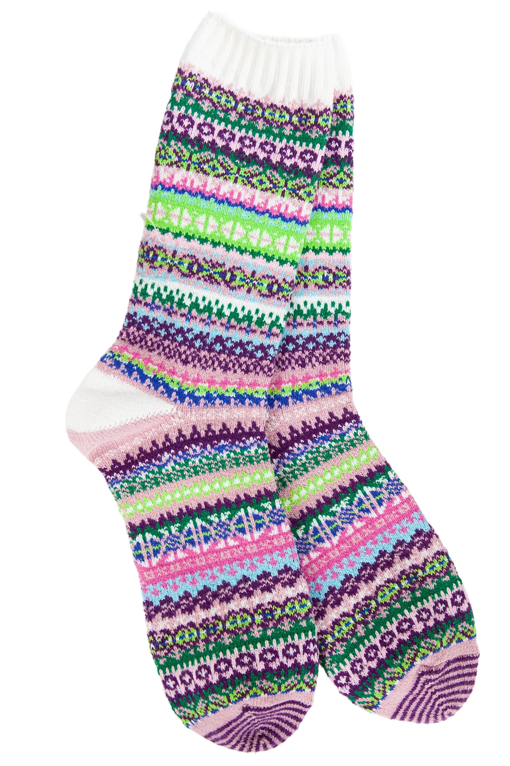 A pair of crew socks with a colorful, multi-colored Fair Isle knit pattern featuring stripes of purple, pink, green, blue, and white on a clean white background.