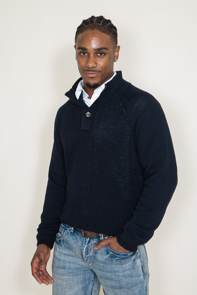 Weatherproof Vintage Textured Button Up Mock Neck Sweater for Men in Navy