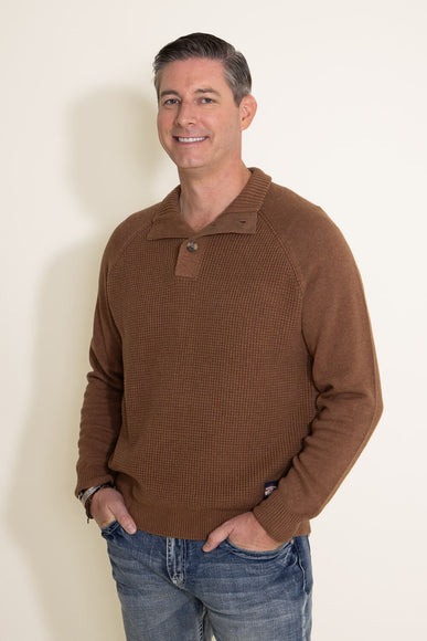 Weatherproof Vintage Textured Button Up Mock Neck Sweater for Men in Brown