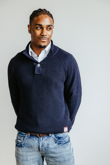 Weatherproof Vintage Textured Button Up Mock Neck Sweater for Men in Navy