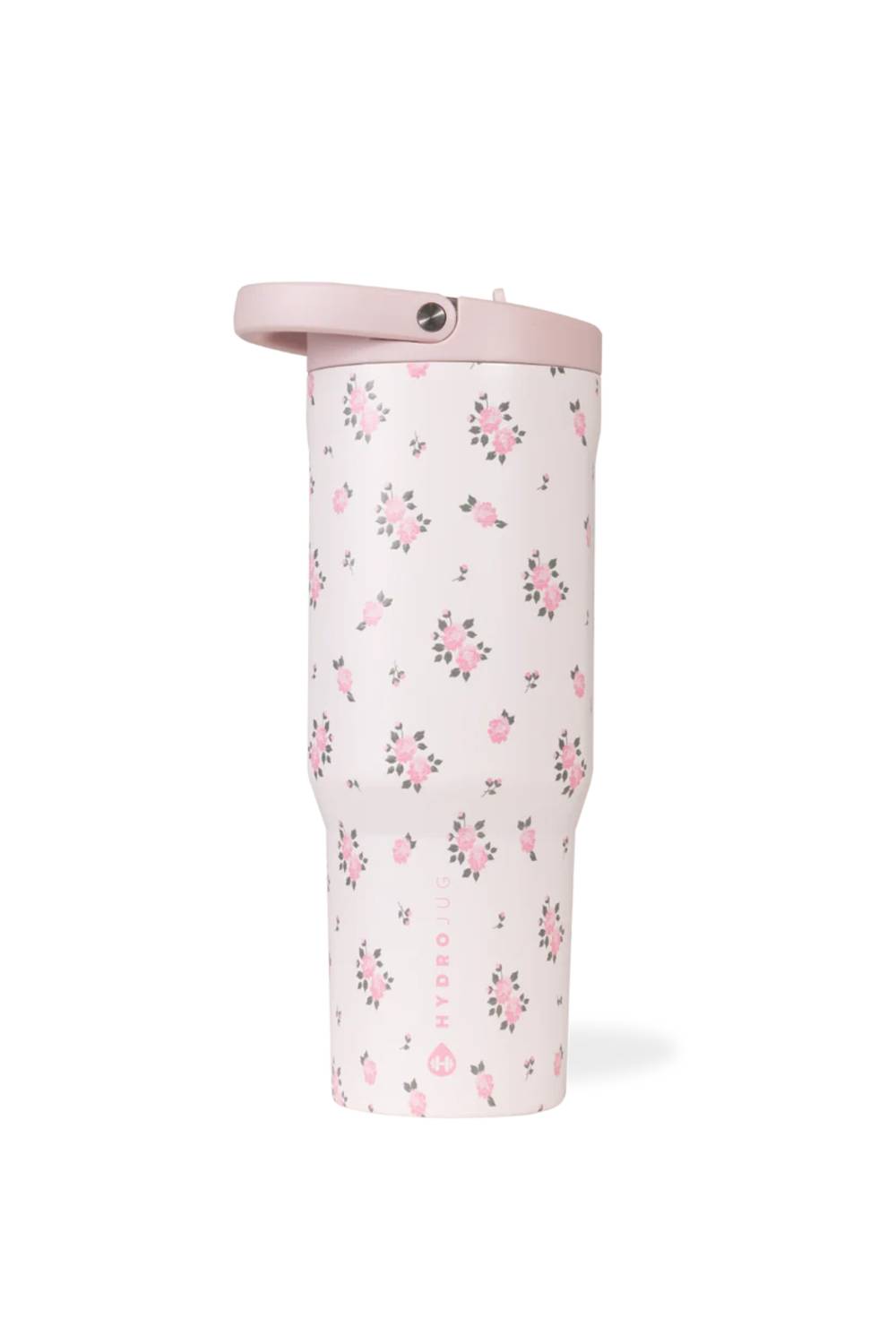 HydroJug Sport 32 oz Tumbler in Wild Rose Pink; Floral-patterned tumbler with a pink lid on a white background