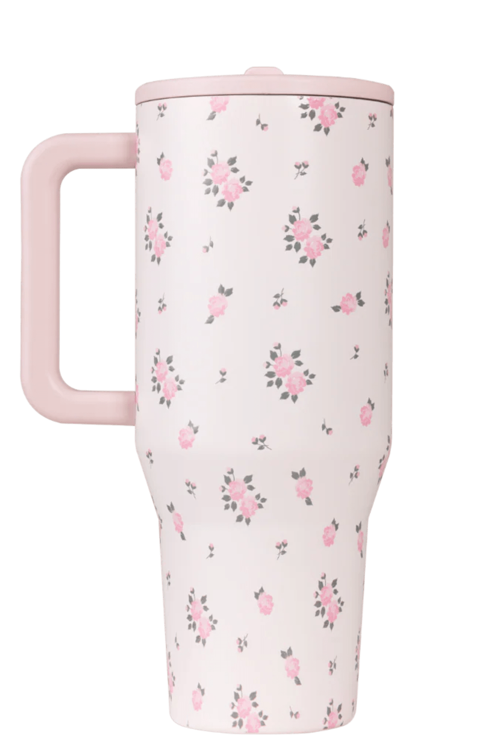 Floral-patterned tumbler with pink handle on a transparent background