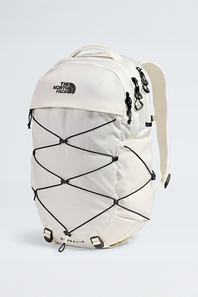 White backpack with black accents and 'The North Face' logo on a light gray background