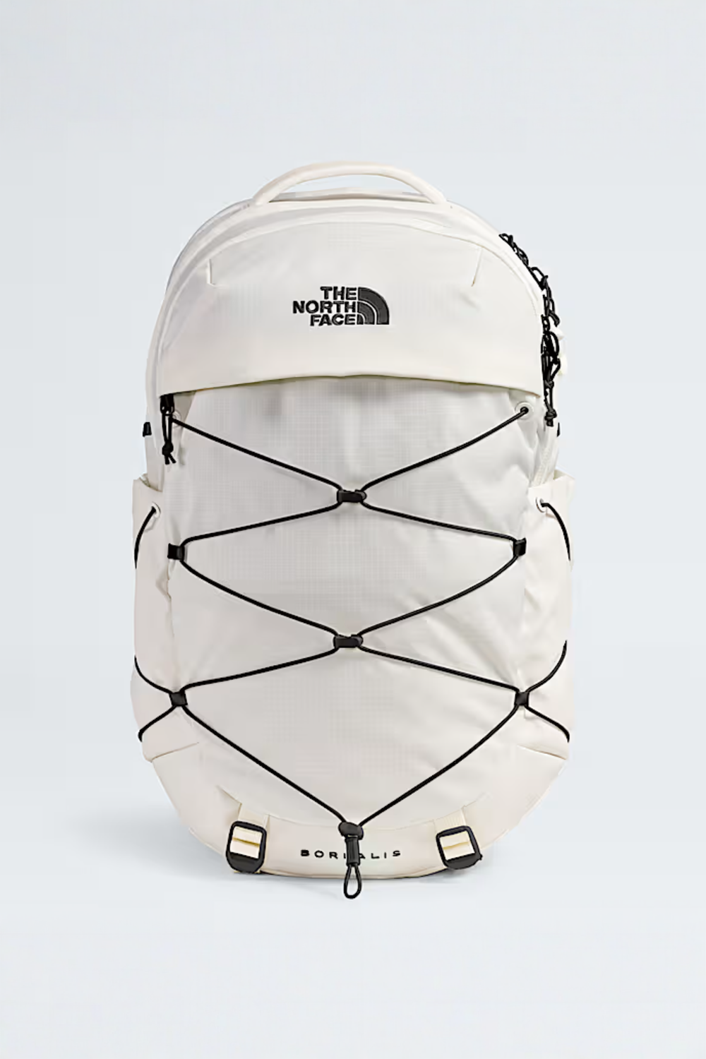 White backpack with black accents and 'The North Face' logo on a light gray background