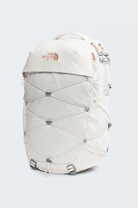 White backpack with The North Face logo on a light gray background