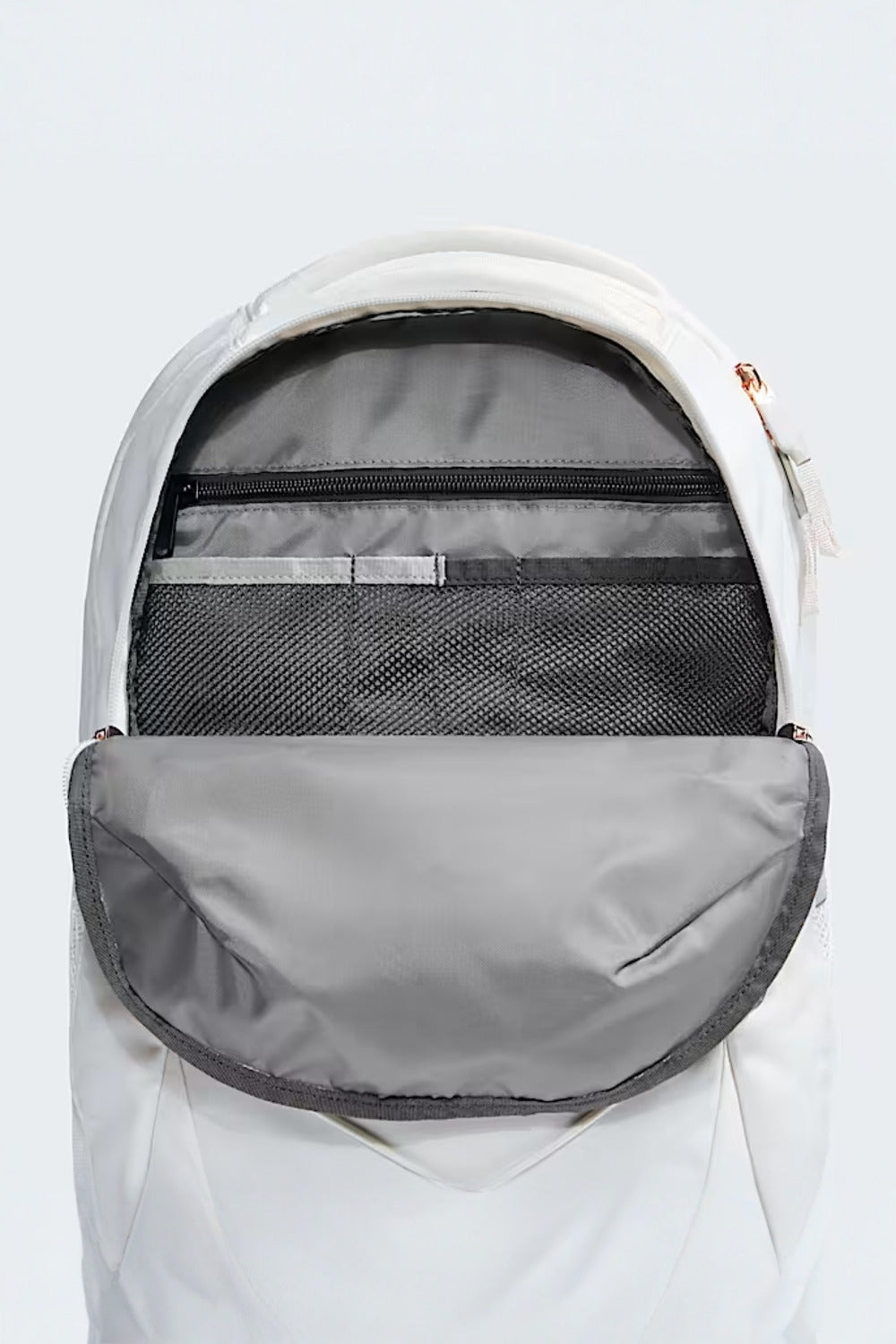 Gray backpack with a clear front pocket on a light gray background