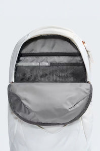 Gray backpack with a clear front pocket on a light gray background