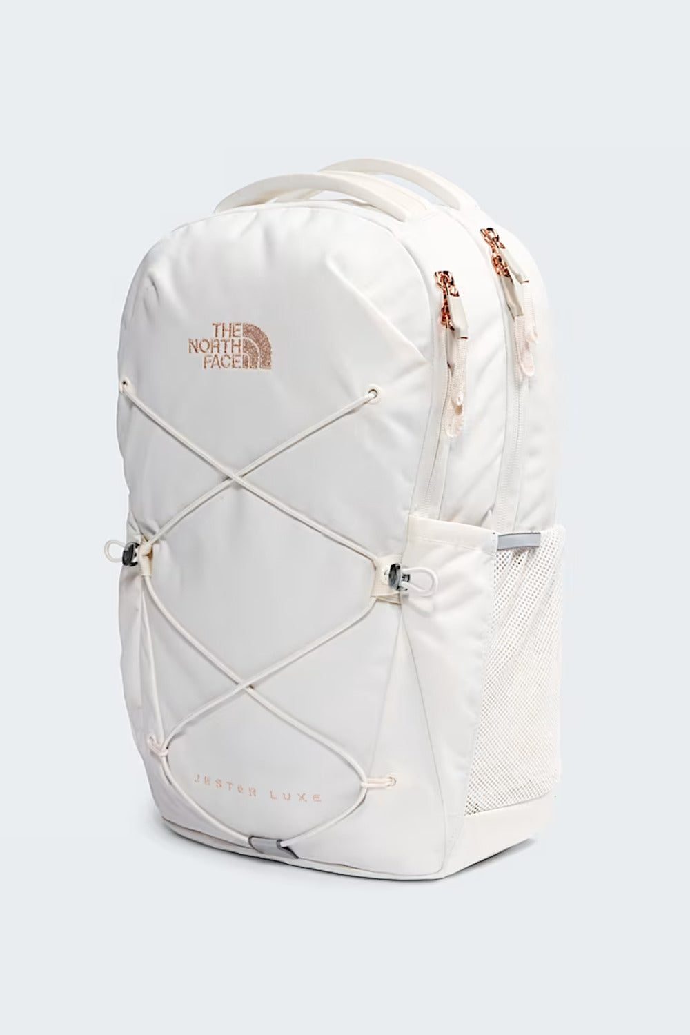 White backpack with decorative strings on a light gray background