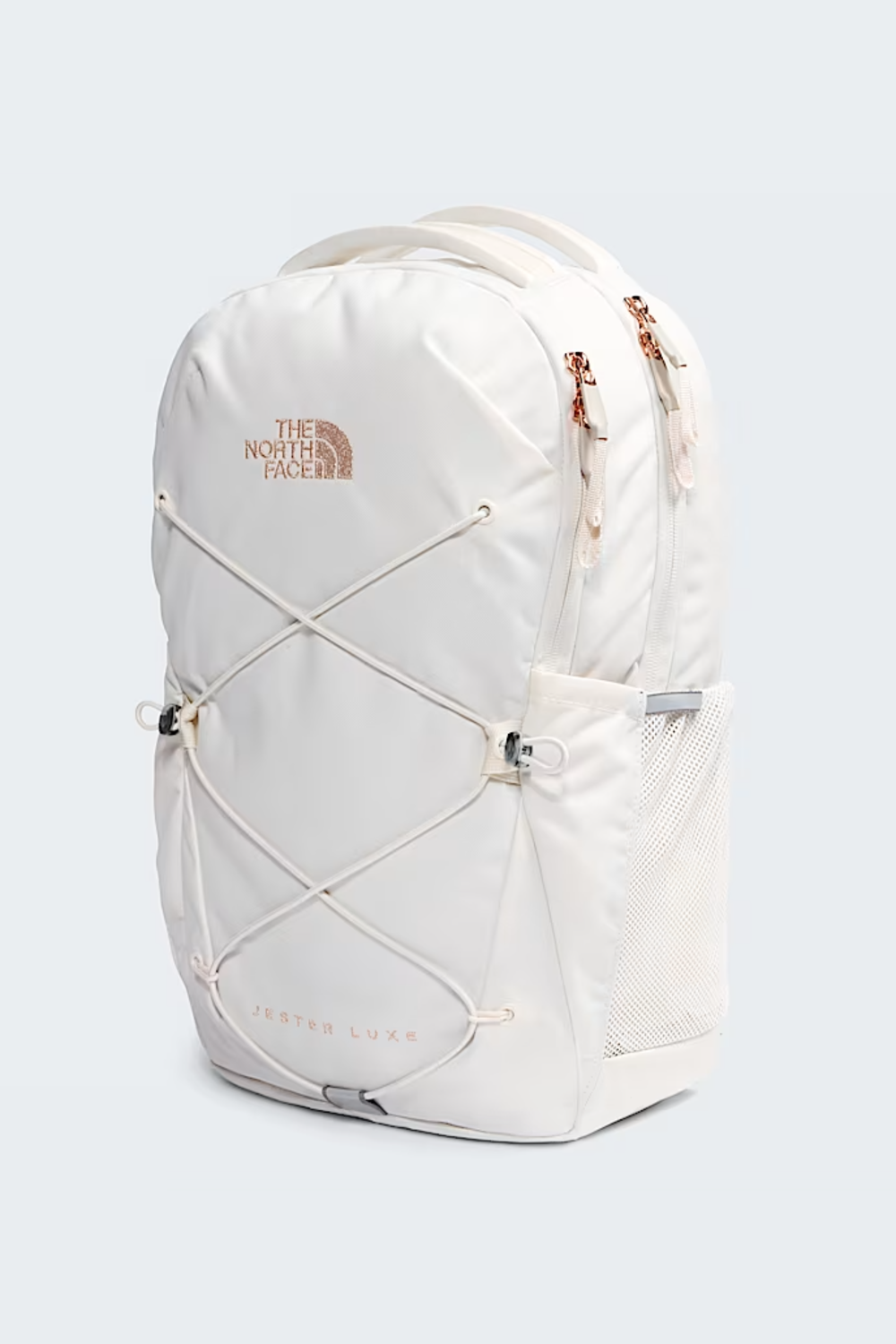 White TNF backpack with rose gold metallic details 
