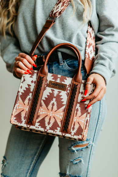 Wrangler Allover Aztec Print Crossbody Tote Bag for Women in Brown