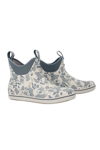 A pair of low-cut rubber boots featuring a gray and off-white camouflage pattern, with solid gray elastic side panels and pull tabs, shown against a plain white background.