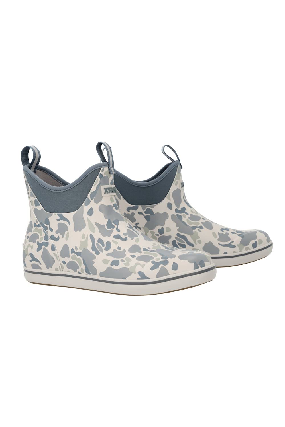 A pair of low-cut rubber boots featuring a gray and off-white camouflage pattern, with solid gray elastic side panels and pull tabs, shown against a plain white background.