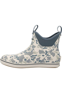 A single ankle-height rubber rain boot with a light gray and off-white camouflage pattern, a dark gray elastic side panel, and a pull tab at the back, shown against a plain white background.