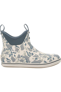 A low-top ankle rain boot featuring a light gray and slate blue camouflage pattern on a cream rubberized upper, with a solid slate blue collar and pull tabs, and a cream sole.