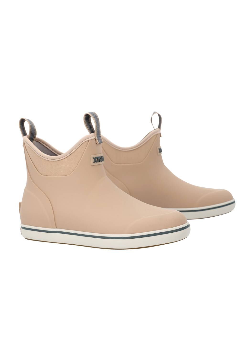 A pair of beige rubber ankle rain boots with pull tabs and a white sole, shown against a plain white background.