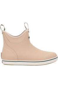 A single slip-on rubber rain boot in a light beige or nude color, featuring a thick white sole with a thin dark stripe and pull tabs at the collar, shown against a plain white background.