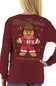 A woman wearing a maroon long-sleeve shirt from the back, featuring a large graphic of a gingerbread man dressed as Santa Claus with 'Merry Christmas' text and 'simply southern' branding.